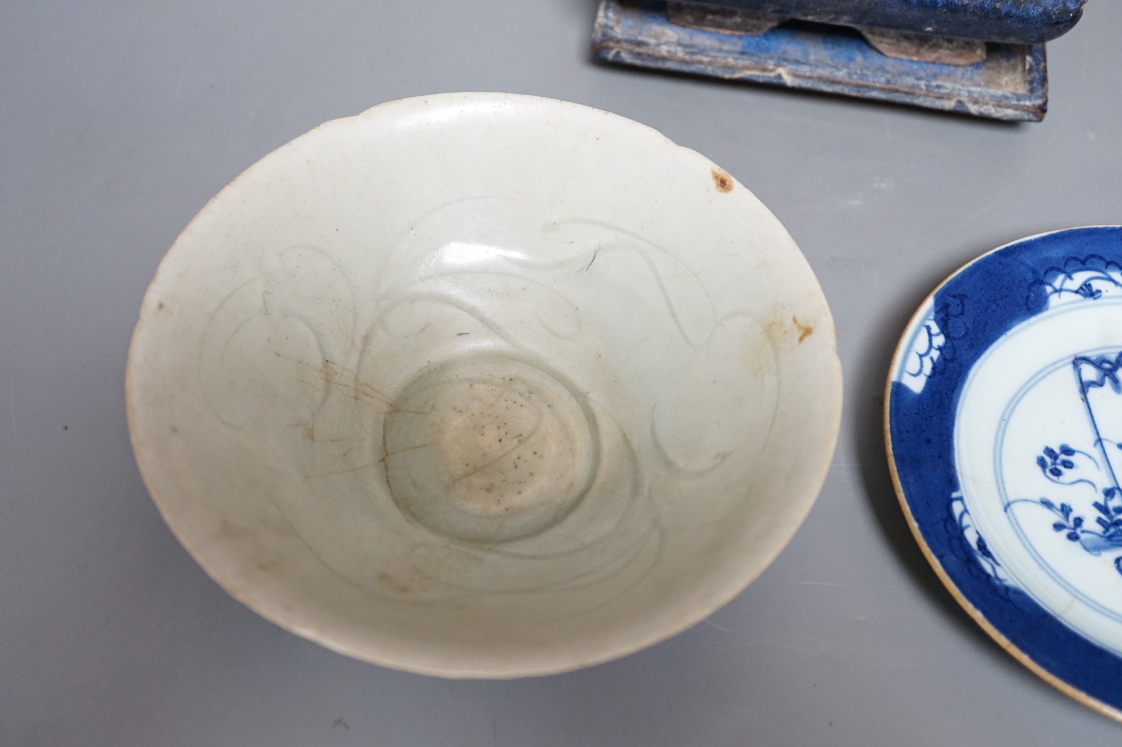 A Chinese blue and white plate a pottery planter and stand and a Qingbai type bowl, bowl 16.5cms diameter